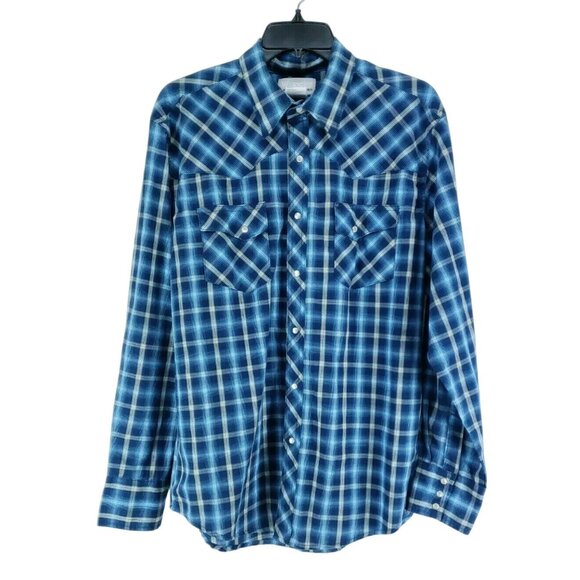 Wrangler Wrancher Men's Size Large Pearl Snap Western Shirt Blue Plaid - Picture 1 of 7
